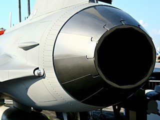 Exhaust of engine of single-seated multirole aircrat fighter Saab JAS 39 Gripen.