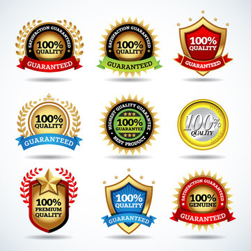 Vector set of 100% quality guarantee, satisfaction guaranteed labels, stamps, banners, badges, crests, labels. Vector isolated design.