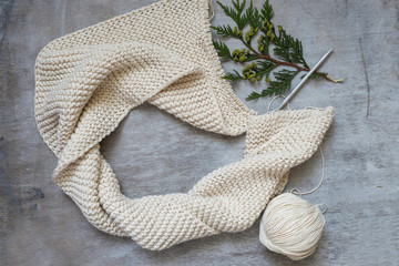 Fototapeta na wymiar Three skeins of yarn for knitting a scarf
