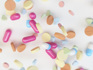 3 D render of various colorful pills.