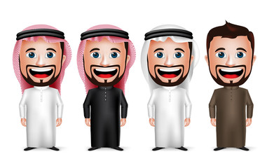 Saudi Arab Man Cartoon Character Wearing Different Traditional Thobe Dress
