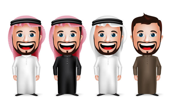 Saudi Arab Man Cartoon Character Wearing Different Traditional Thobe Dress
