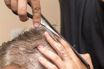 men's hair cutting scissors in a beauty salon