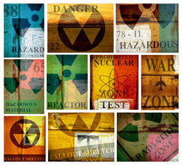 collection of grunge radiation and nuclear danger warning signs