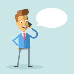 Handsome african american businessman in formal suit talking on the phone. Manager talking on cell phone. Cartoon character - asian businessman. Vector illustration. Style flat.