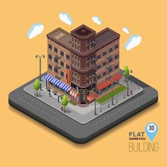 Vector city with isometric old buildings and cafes in the middle. Street light poles and fences and flower beds. Concept street with apartment buildings. Urban flat 3d vector illustration.