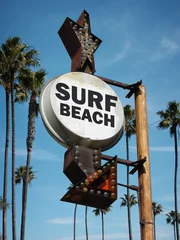 gealtertes und abgenutztes Vintages Foto des Brandungsstrandzeichens und der Palmen © jdoms