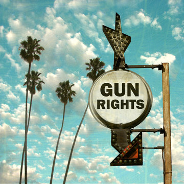 aged and worn vintage photo of gun rights sigh with palm trees