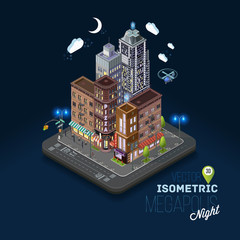 City concept with isometric buildings, shops, offices, cafes, skyscrapers and government buildings. Night city, evening atmosphere, metropolis, urban flat 3d vector illustration.