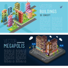 Buildings and offices of the city, the streets, with buildings and landscapes. banner, flat elements isolated vector illustration