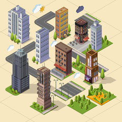 Isometric skyscrapers and office buildings, houses, roads, and parks. Set vector isometrics landmarks. Isolated buildings for your design. Flat vector.