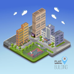 Urban landscape 3D city, school area with basketball and garden around, with flowerbeds and flowers. Isometric  vector illustration.