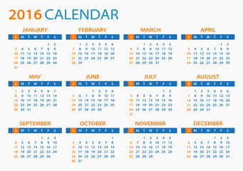 2016 Calendar - illustration. Vector template of 2016 calendar.