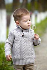 2 years old Baby boy with dandelion