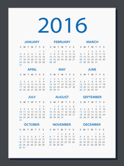 2016 Calendar - illustration. Vector template of 2016 calendar.