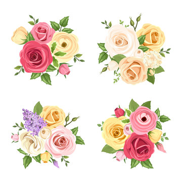 Bouquets of colorful flowers. Vector set of four illustrations.