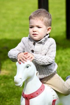 2 years old Baby boy playing with horse