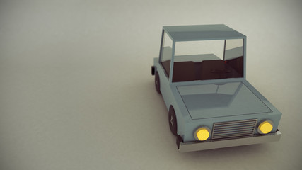 3 D render of scene of a retro toy car with headlights on.  