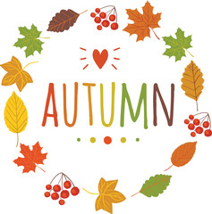 Autumn banner, with hand drawn text and autumn leaf, red heart background. Sketch, design elements. Vector illustration