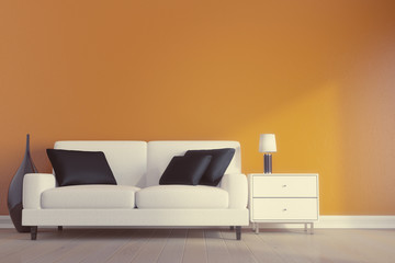 3 D render of an simple interior with white sofa.