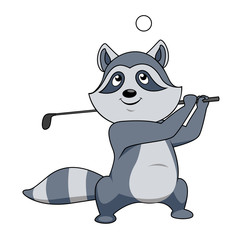 Cartoon funny little raccoon playing golf