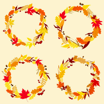 Colorful wreaths of autumn leaves