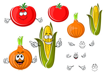 Happy cartoon onion, tomato and corn