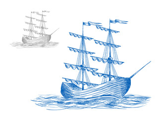 Medieval sail ship in ocean waves