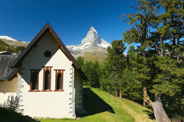 View of the Riffelalp Chapel and the Matterhorn, Zermatt, Switzerland