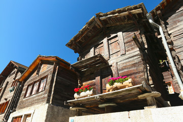 Zermatt, old buildings constructed in the traditional style of the barns, Valais