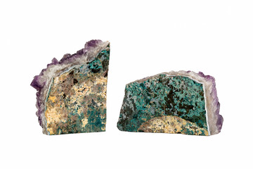 Two Pieces of Colorful Amethyst Geodes, isolated on a white background.