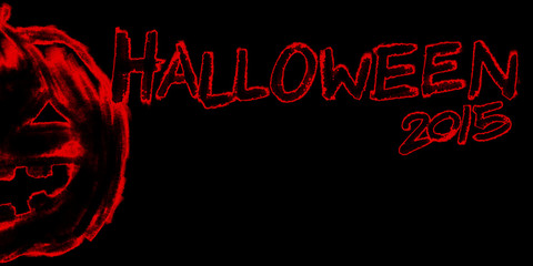 jack-o-lantern pumpkin head chalk charcoal pencil illustration with halloween 2015 text red color on black background