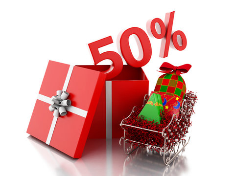 3d box with 50 percent text. Christmas sale concept.