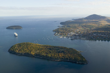 Aerial view of Porcupine Islands, Frenchman Bay and Holland America cruise ship in harbor, Acadia National Park, Maine