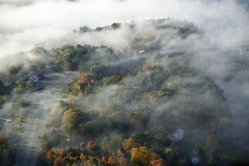 Aerial view of fog over Bath, Maine