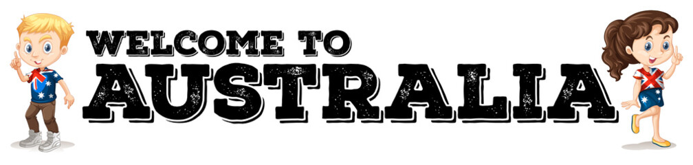 Australian boy and girl by the welcome sign