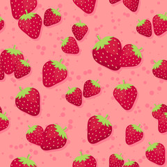 Seamless pattern vector illustration of strawberries fruit in dotted pink background.