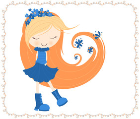 cute doodle little girl with flowrs in long hair