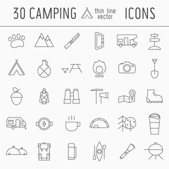 Camping Thin Line Icon Set of Adventure Elements
