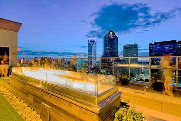 aerial view of charlotte city skyline at sunset
