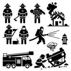 Naklejka premium Firefighter Fireman Rescue Stick Figure Pictogram Icons