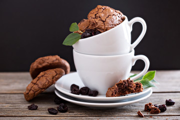 Chocolate cookies stacked in coffee cups