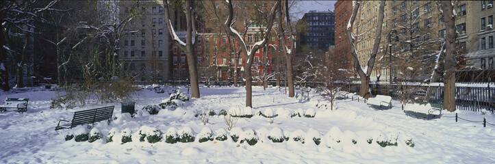 Panoramic view of historic homes and Gramercy Park, Manhattan, New York City, New York after winter snowstorm