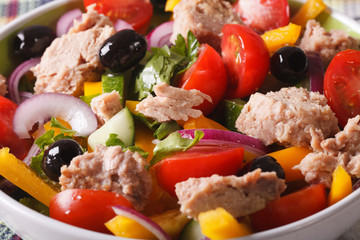 salad with fresh vegetables and tuna in a bowl macro. horizontal
