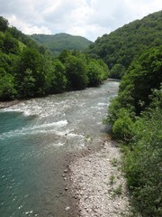 Горная река среди гор и зелени летним днем