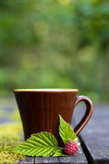ceramics cup with raspberries on knitted on a wooden table. Shooting in the outdoor.