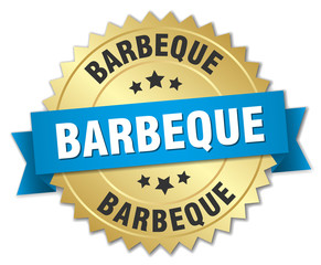 barbeque 3d gold badge with blue ribbon