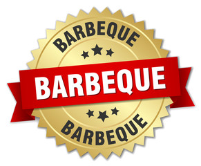 barbeque 3d gold badge with red ribbon