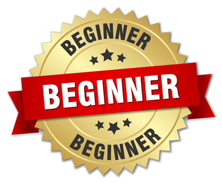 beginner 3d gold badge with red ribbon