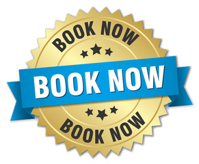 book now 3d gold badge with blue ribbon